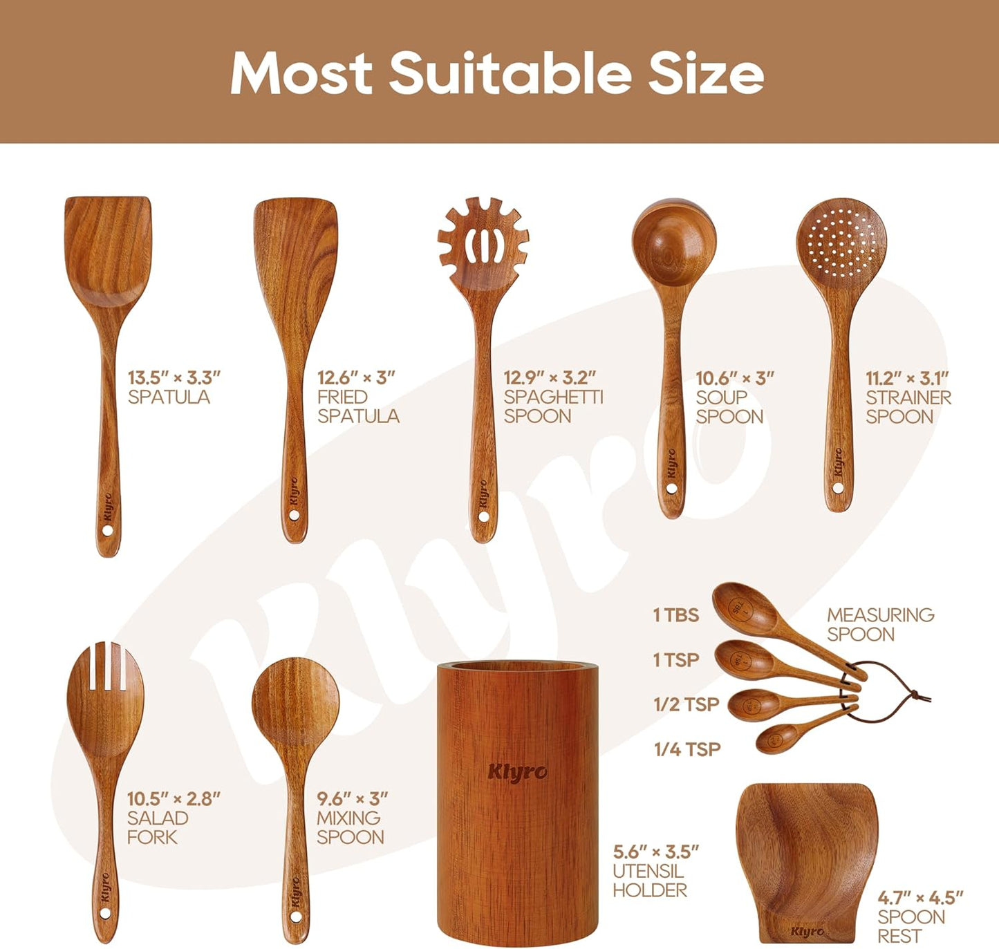 Natural 9-Piece Wooden Kitchen Utensils for Cooking with 4 Piece Measuring Spoons