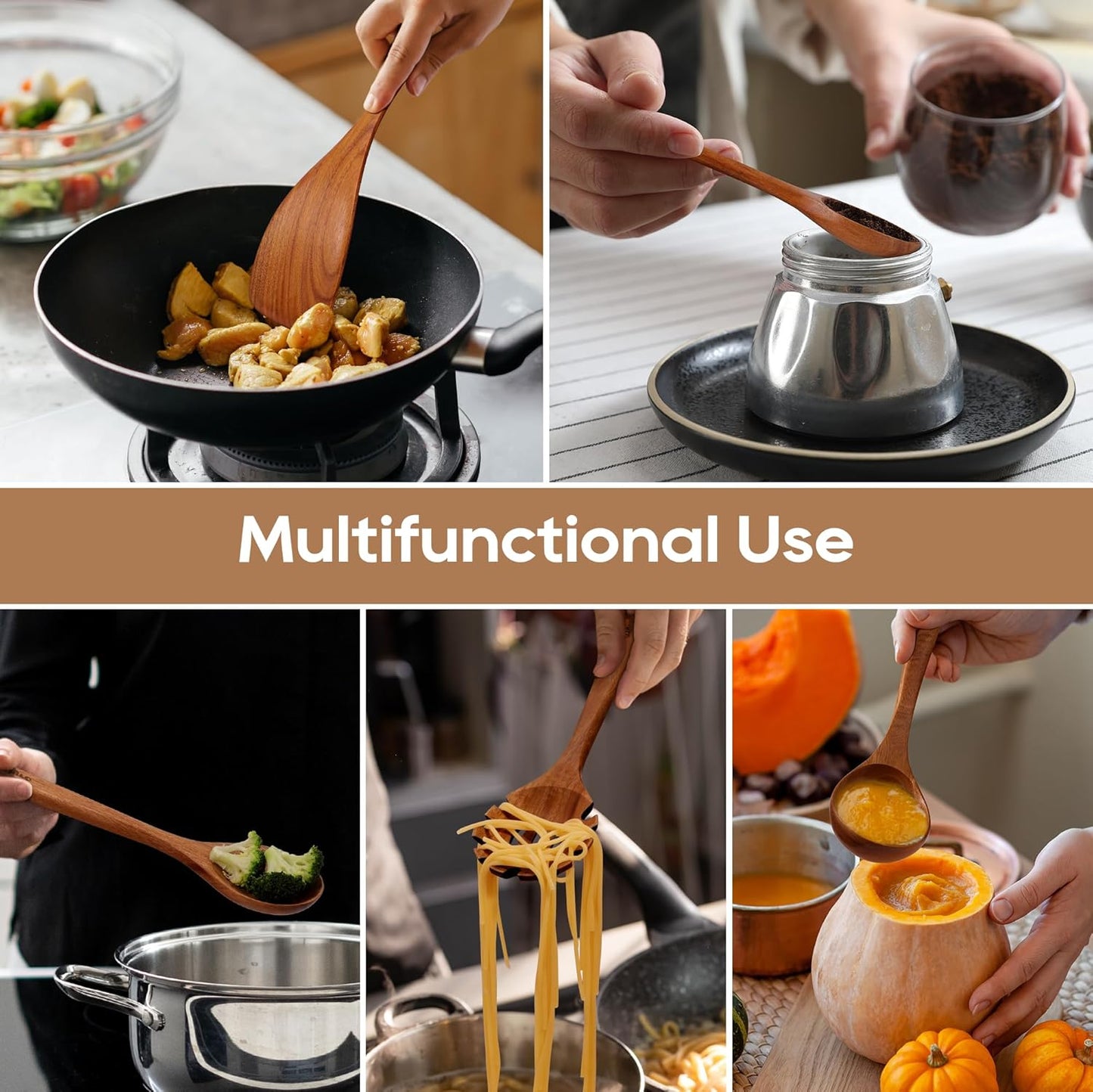 Natural 9-Piece Wooden Kitchen Utensils for Cooking with 4 Piece Measuring Spoons