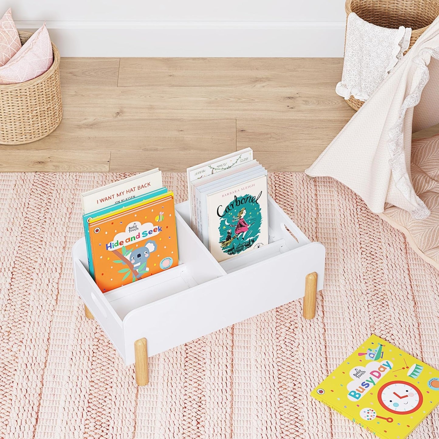 Montessori Bookshelf for Toddlers, Wooden Book Caddy with Adjustable