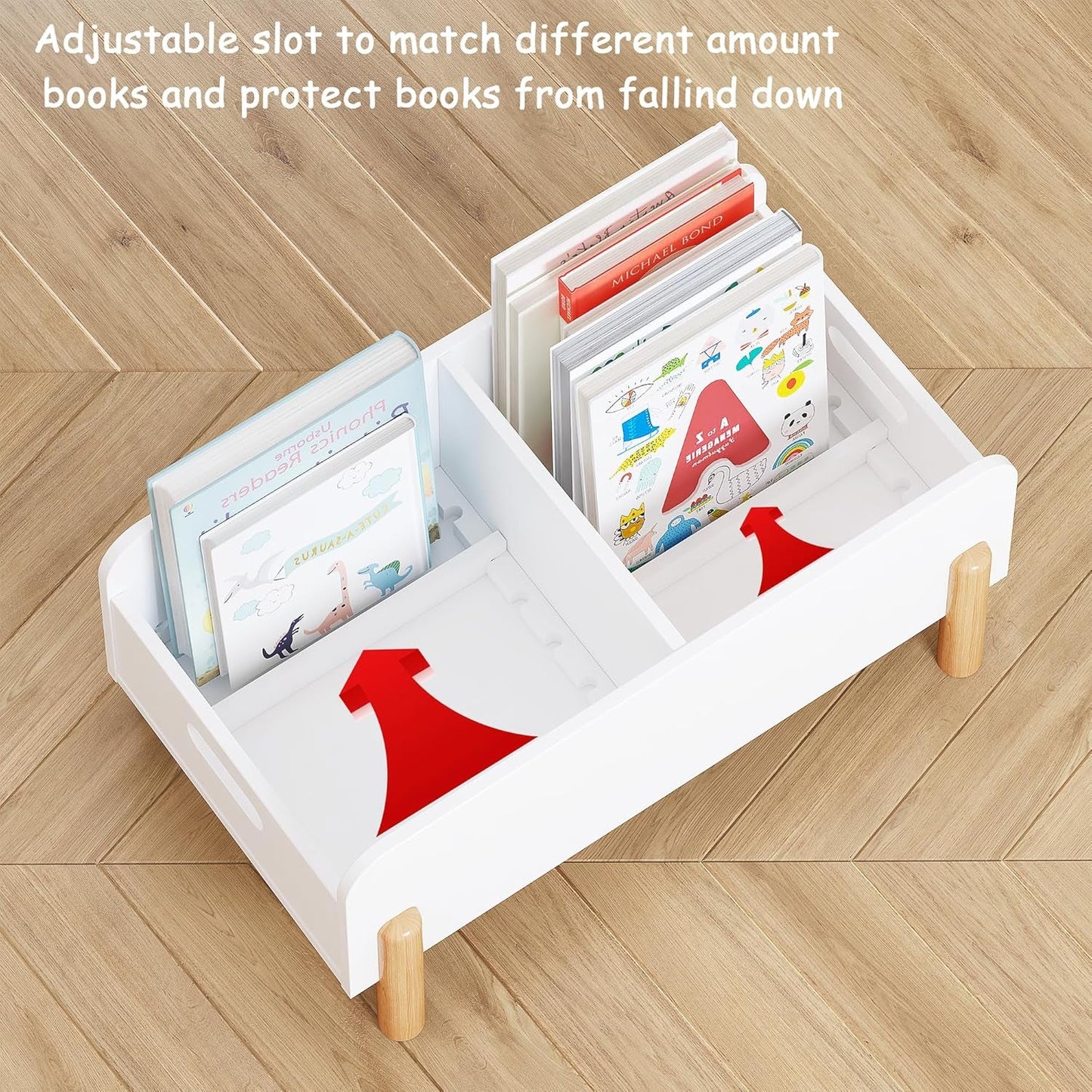 Montessori Bookshelf for Toddlers, Wooden Book Caddy with Adjustable