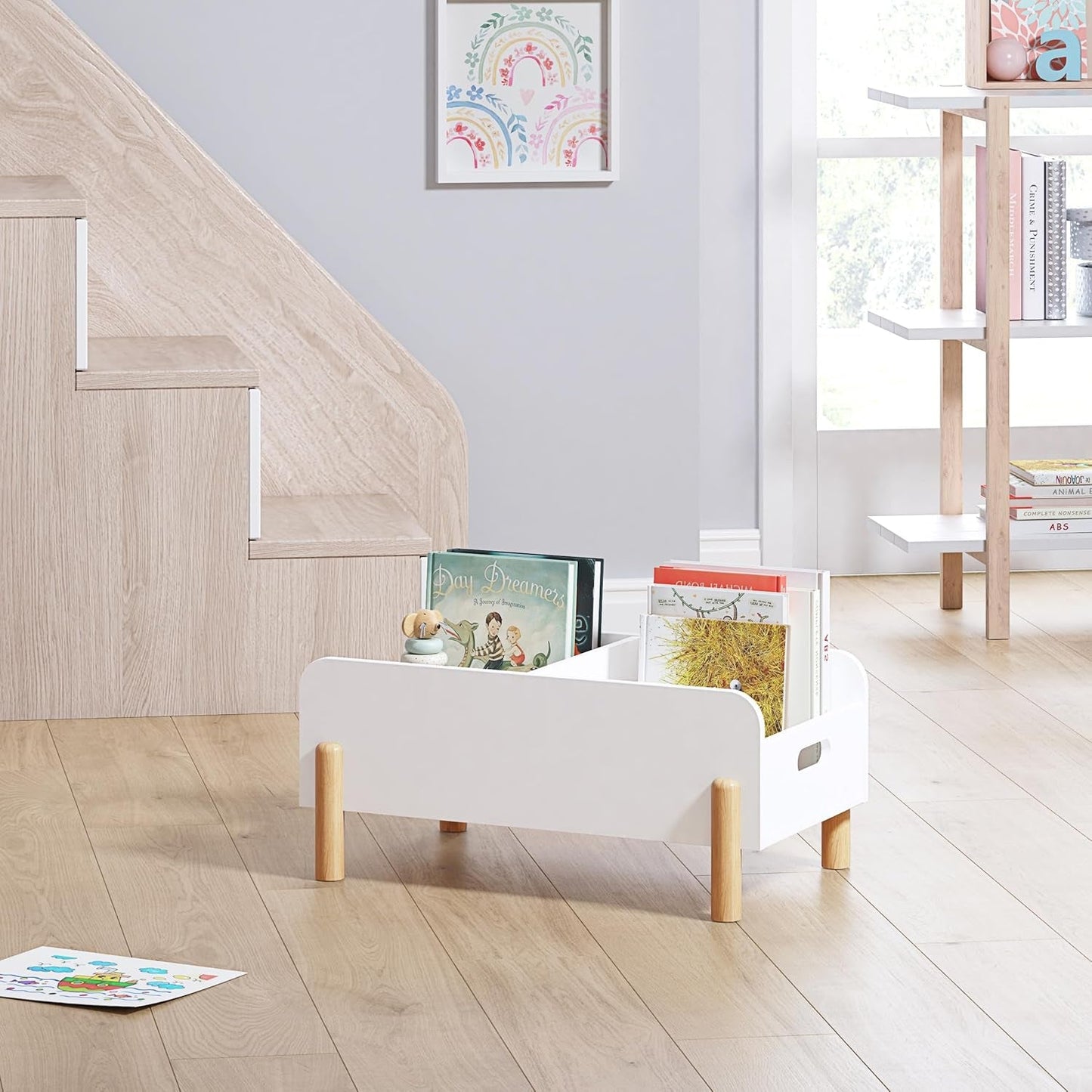 Montessori Bookshelf for Toddlers, Wooden Book Caddy with Adjustable