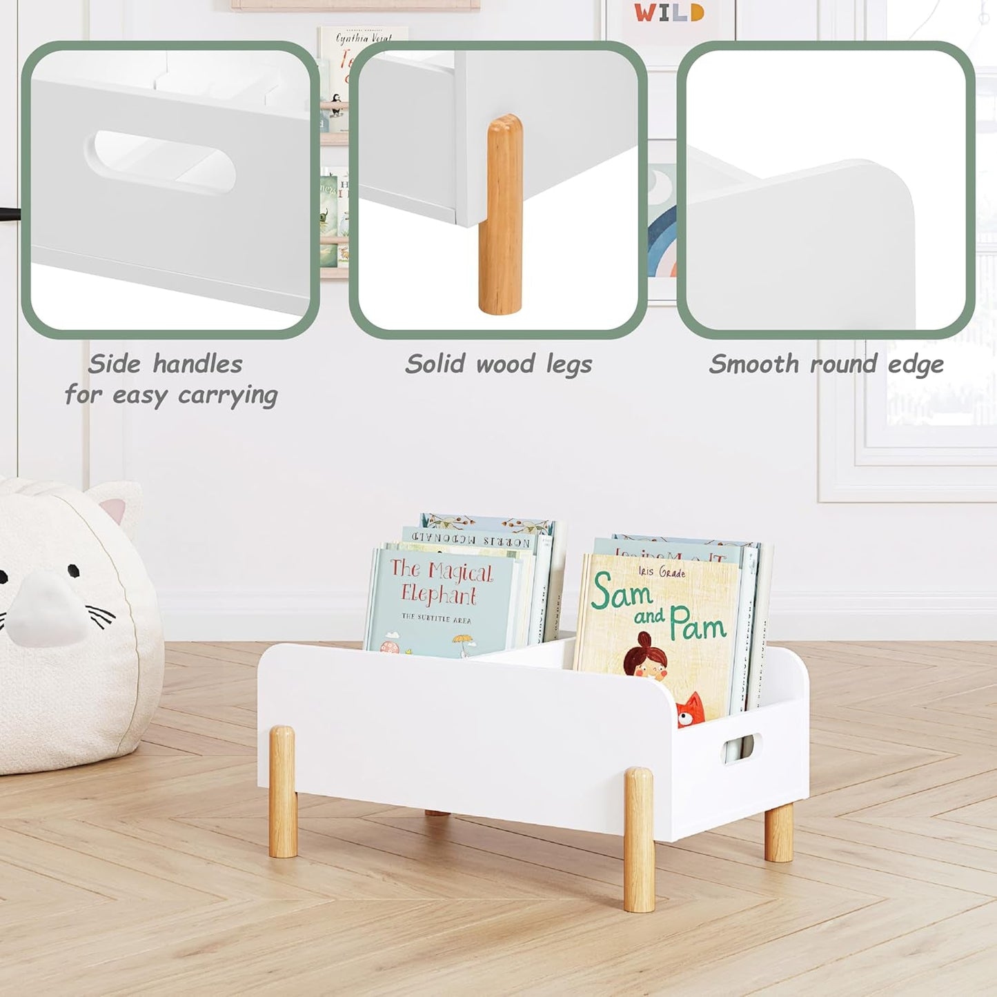 Montessori Bookshelf for Toddlers, Wooden Book Caddy with Adjustable