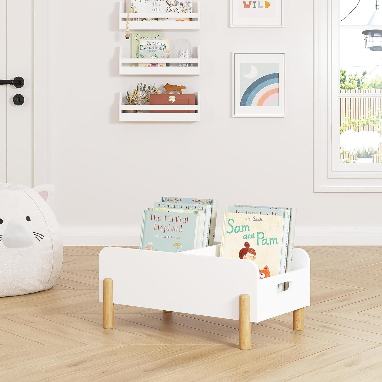 Montessori Bookshelf for Toddlers, Wooden Book Caddy with Adjustable