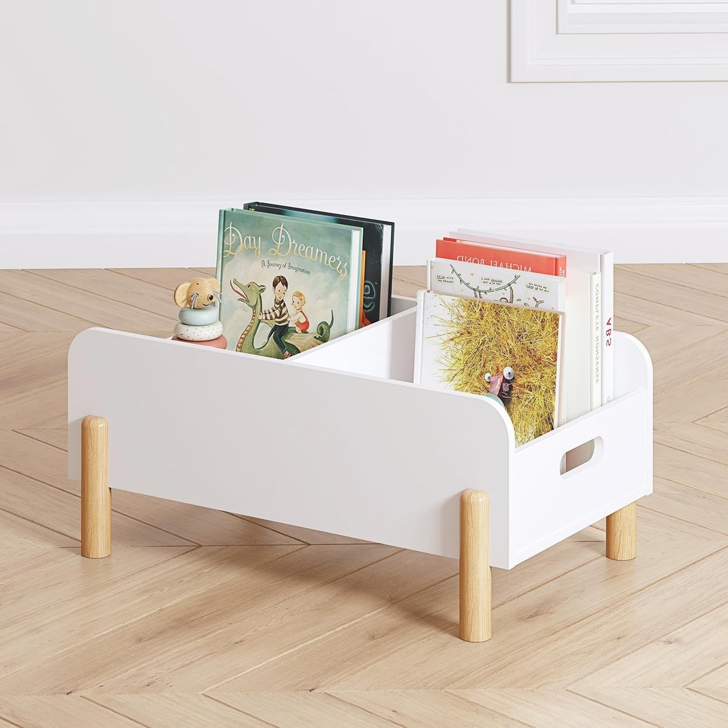Montessori Bookshelf for Toddlers, Wooden Book Caddy with Adjustable