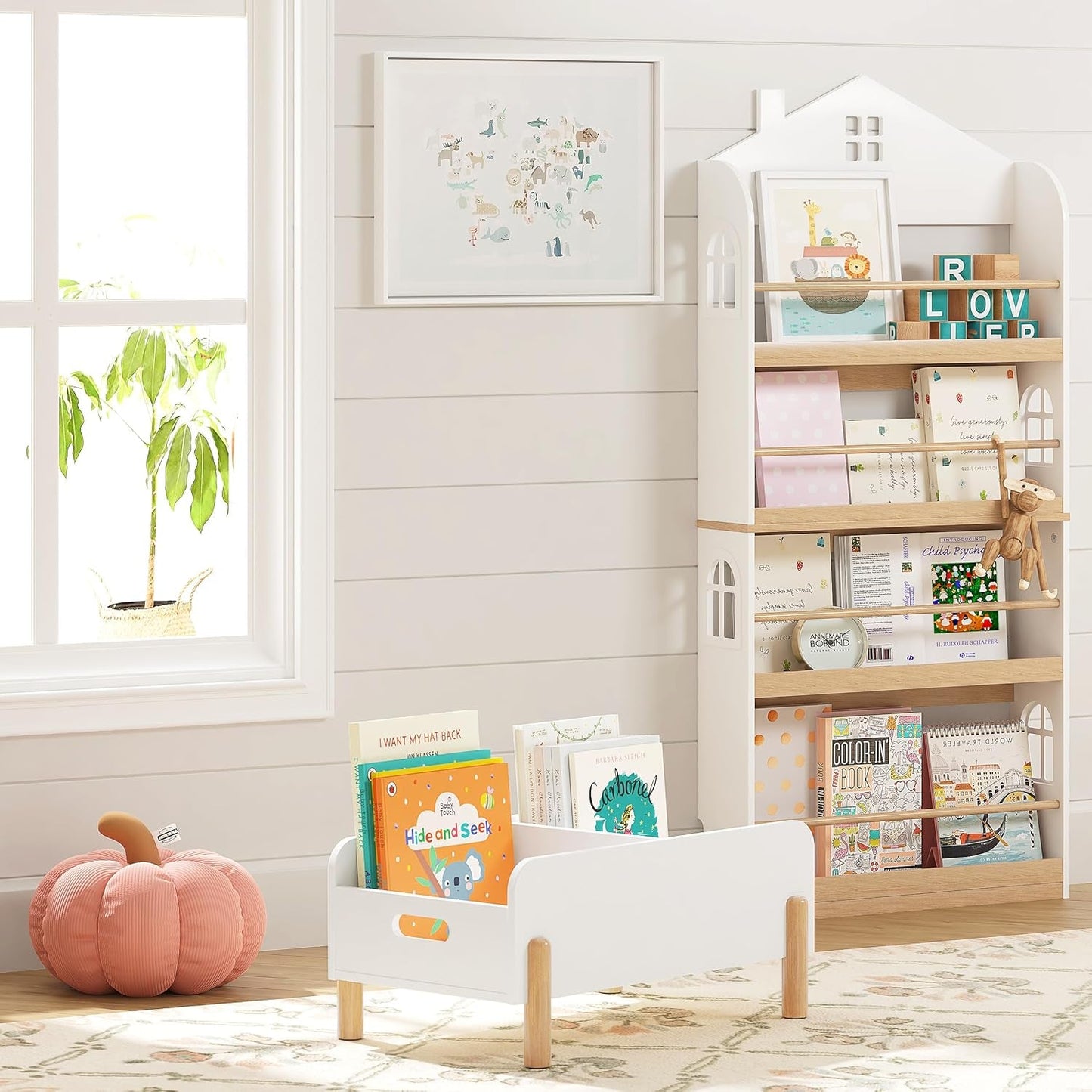 Montessori Bookshelf for Toddlers, Wooden Book Caddy with Adjustable