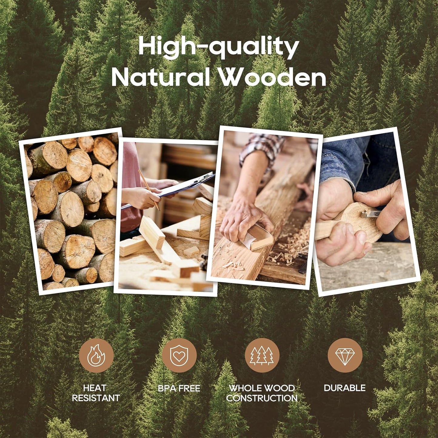Natural 9-Piece Wooden Kitchen Utensils for Cooking with 4 Piece Measuring Spoons