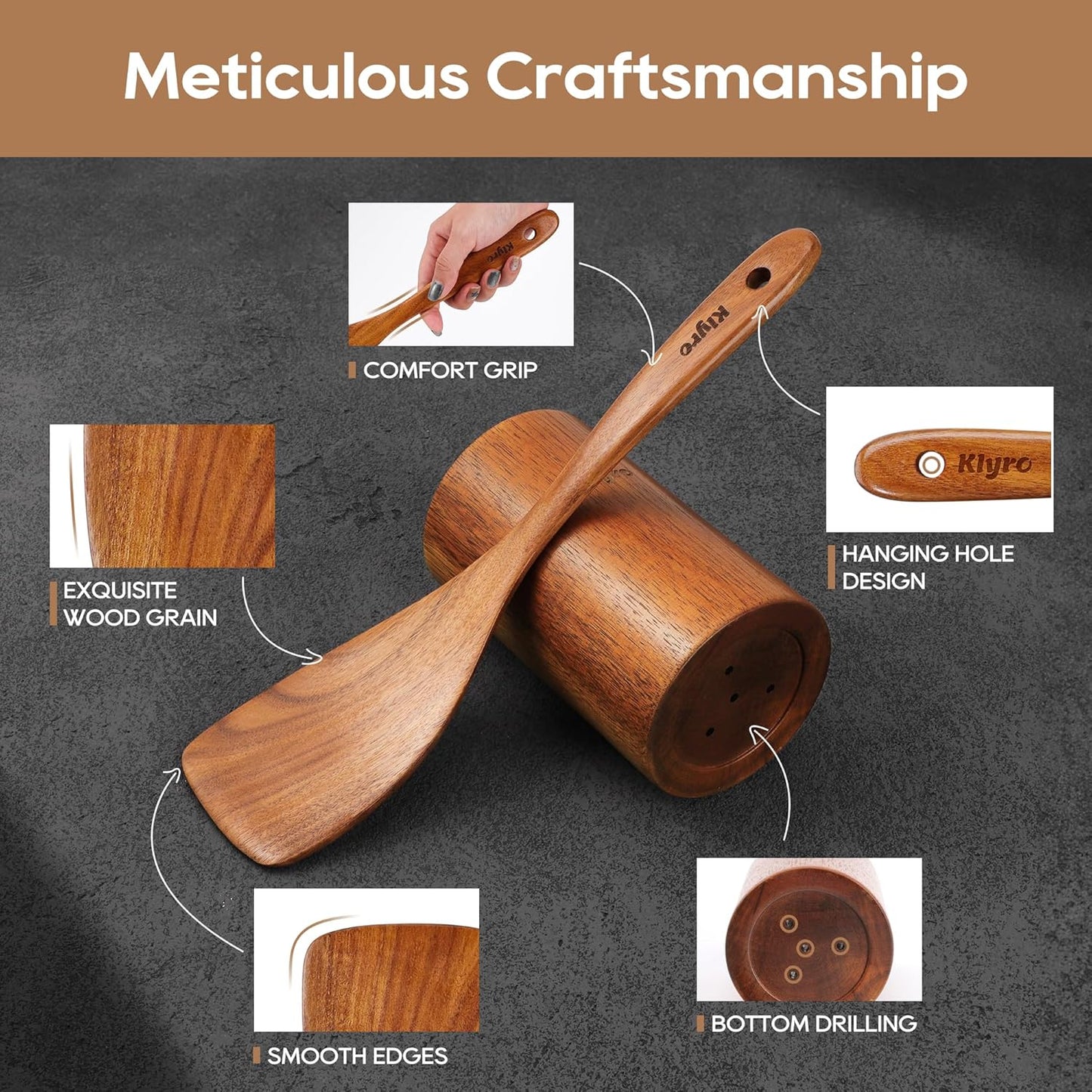 Natural 9-Piece Wooden Kitchen Utensils for Cooking with 4 Piece Measuring Spoons