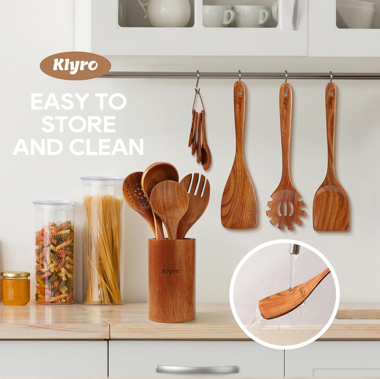 Natural 9-Piece Wooden Kitchen Utensils for Cooking with 4 Piece Measuring Spoons