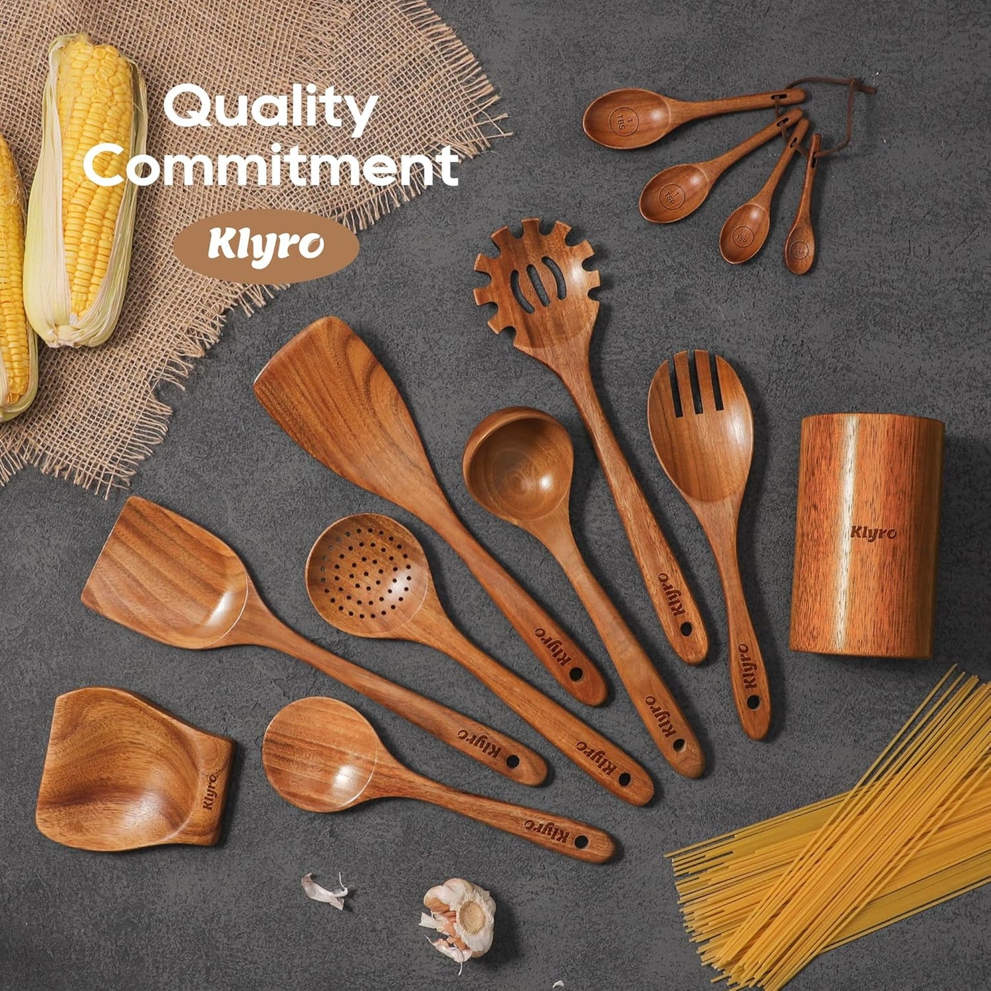 Natural 9-Piece Wooden Kitchen Utensils for Cooking with 4 Piece Measuring Spoons